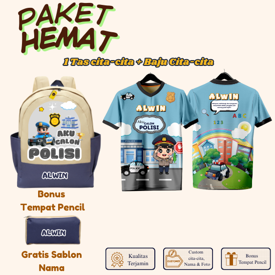 Tas Sekolah Anak TK SD Custom Nama Cita-Cita Polisi + Baju Jersey Profesi Anak Laki-Laki Edukatif Pa