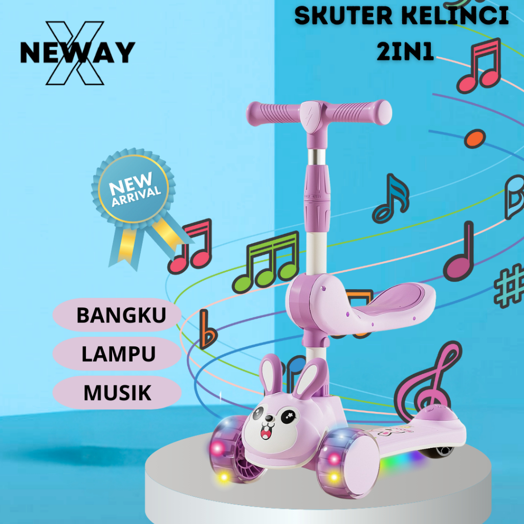 Pharsa_Shop Neyx Skuter Mainan Anak Kelinci Smile 2 In 1 Scooter Lipat 2In1 Bangku Roda 3 Lampu