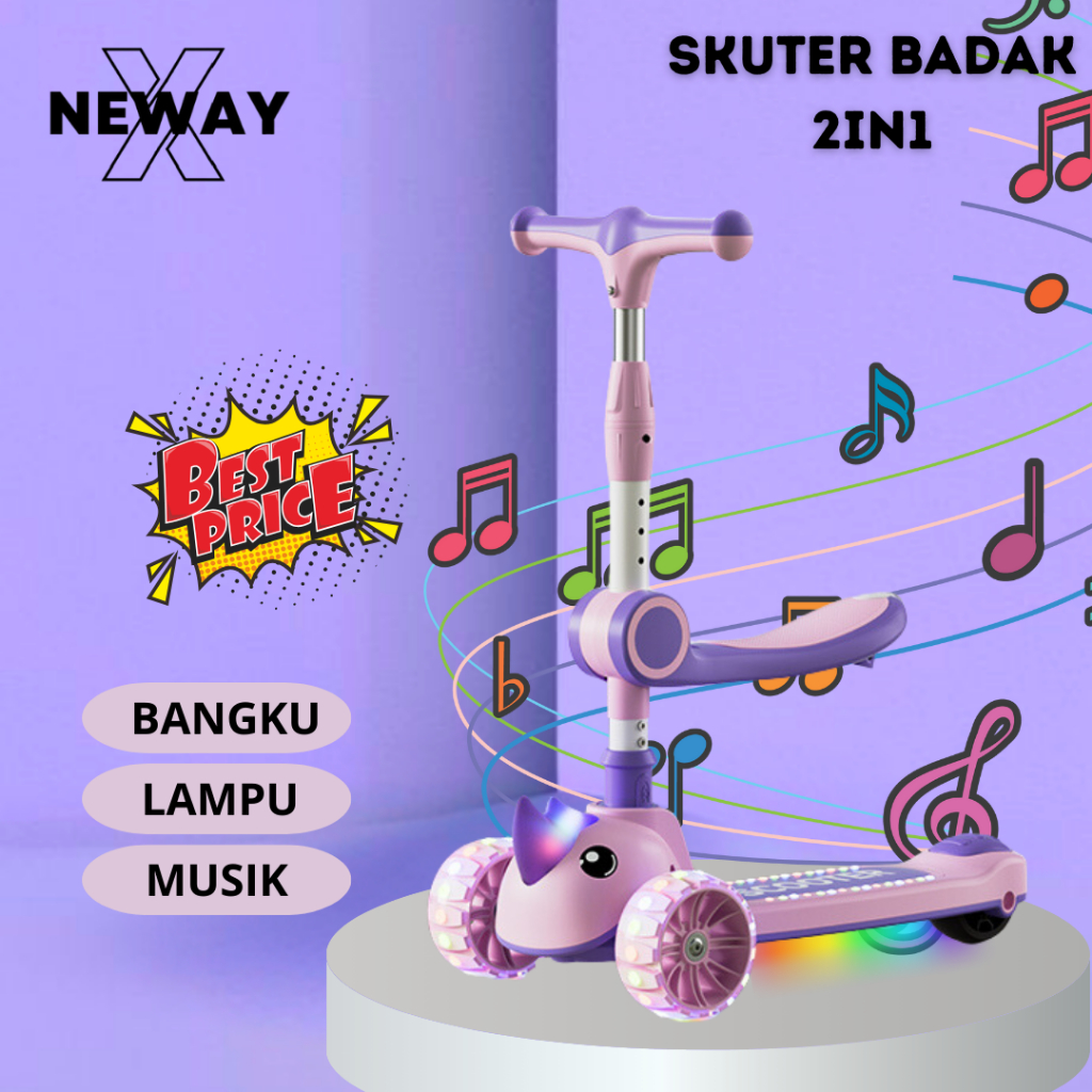 NewayX Skuter Mainan Anak Badak 2 in 1 Scooter Lipat 2in1 Duduk Roda Tiga Lampu Musik Rem Toys