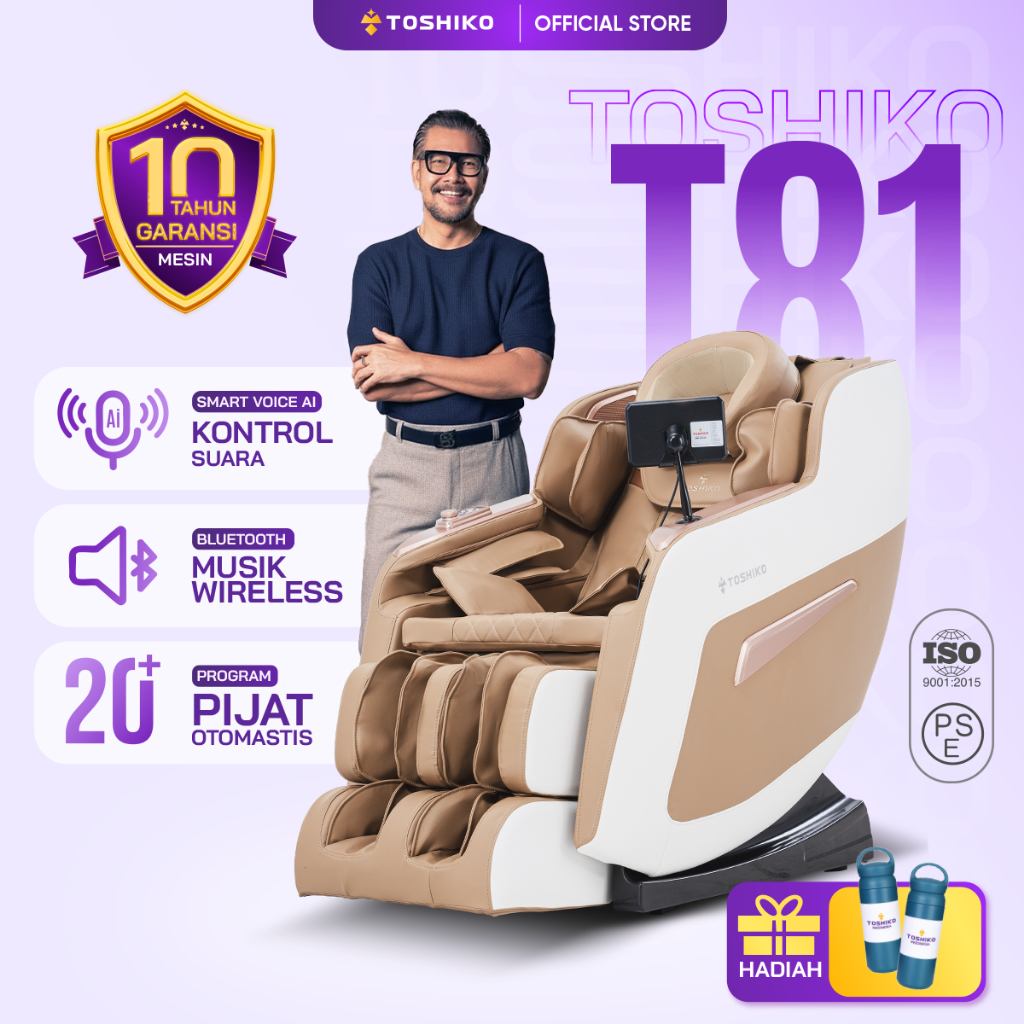 Kursi Pijat Toshiko T81 Roller 3D, Pijat Udara Kepala-Bahu-Lengan-Pinggul-Betis, Pemanas Inframerah, Kontrol Suara, Coklat Putih