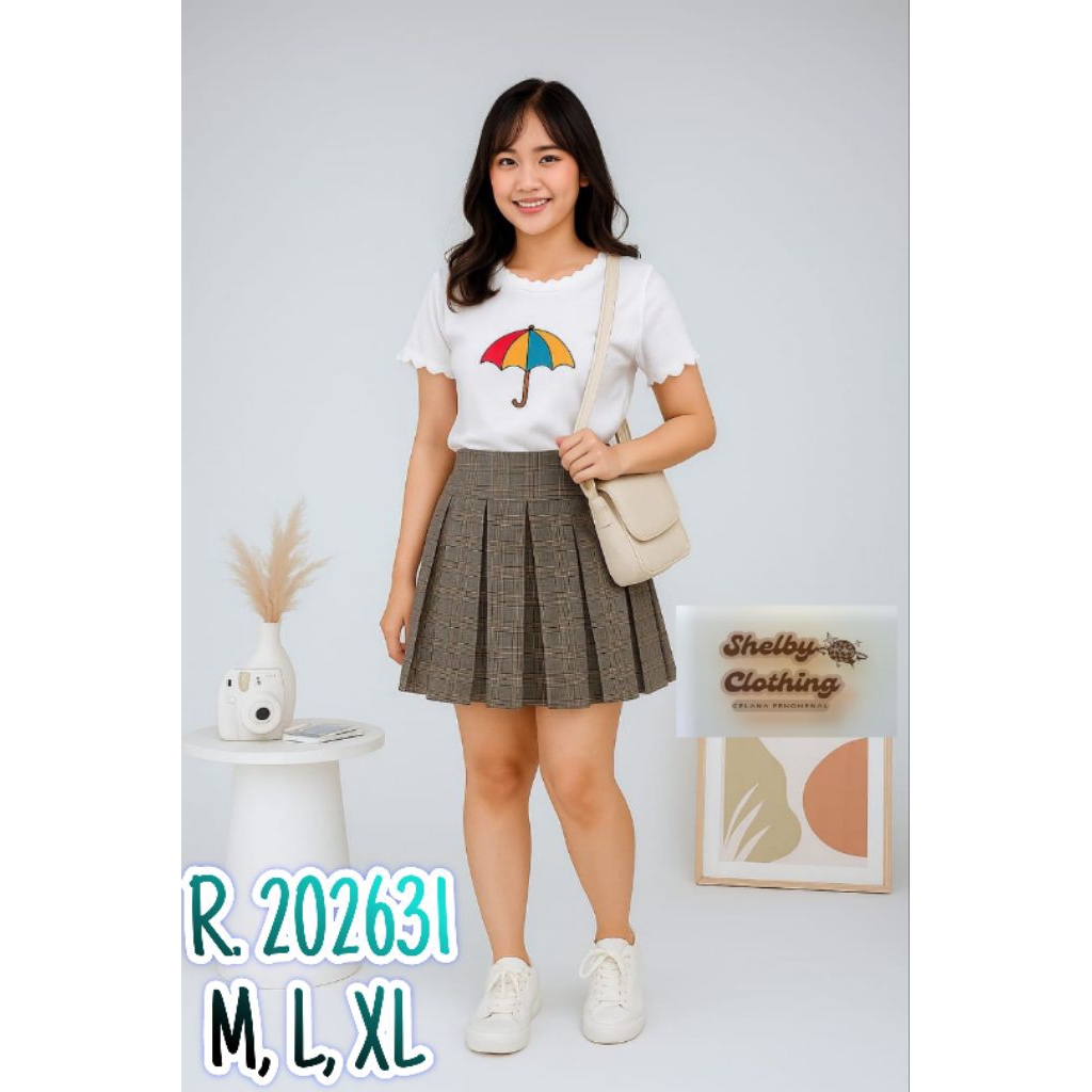202631 Rok Pendek Kotak-Kotak Coklat Wanita Casual Korean Style Mini Skirt Kotak Coklat Trendy Modis