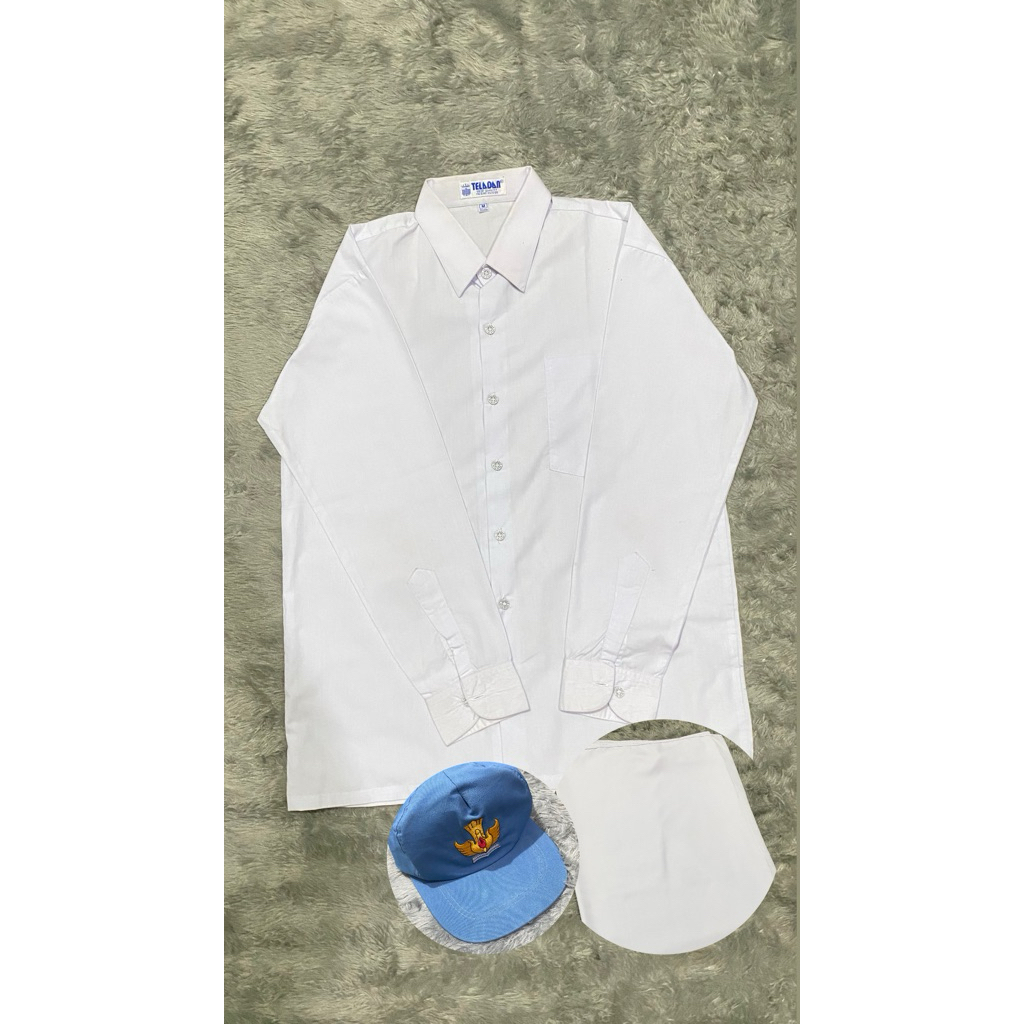 [SET SERAGAM SMA] Kemeja Putih Panjang + Topi Abu-abu + Jilbab Putih