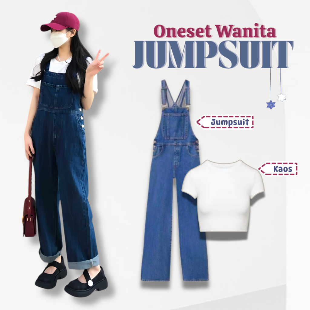 Oneset Wanita Jumpsuit Celana Overall Baju Kodok Jeans Denim + Kaos Pendek Crop Top Putih OutfitKJ76