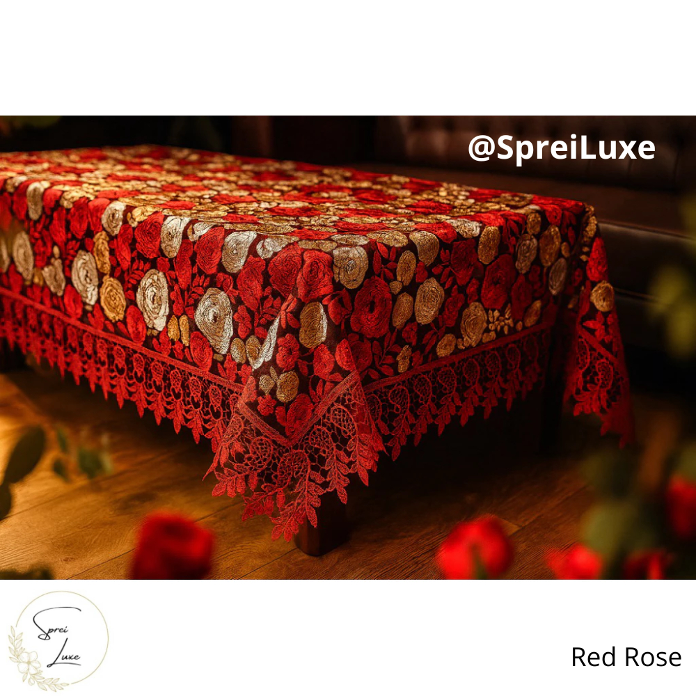 Taplak Meja Makan Renda Bordir | Taplak Meja Kain Segi Premium 6-8 Kursi