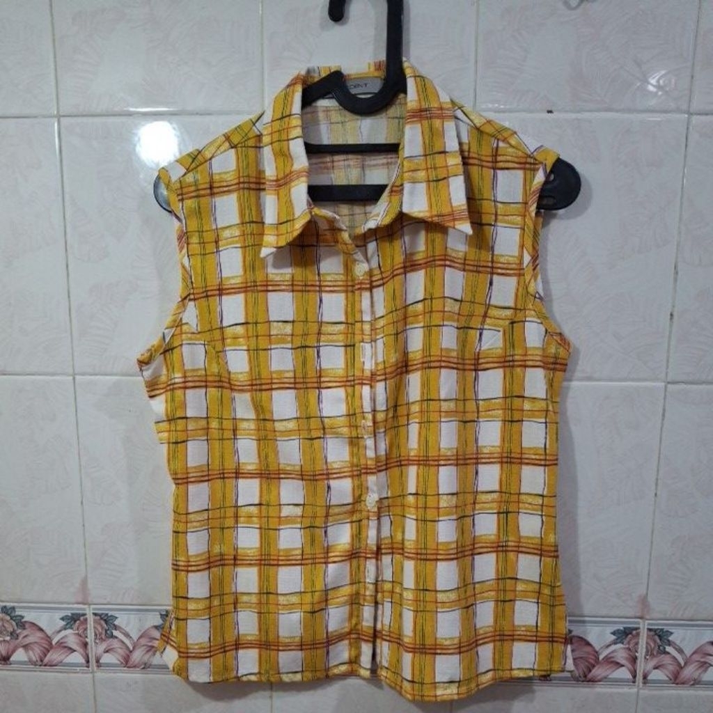 Kemeja Wanita Kuning putih kotak kotak tanpa lengan
