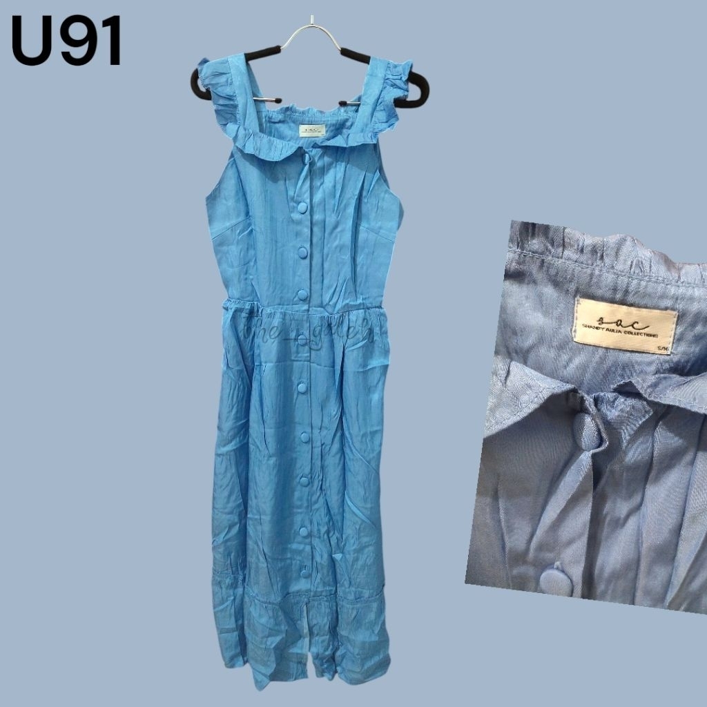 U91 Preloved Shandy Aulia Collections Baju Dress Tanpa Lengan Biru Muda Bagus Murah