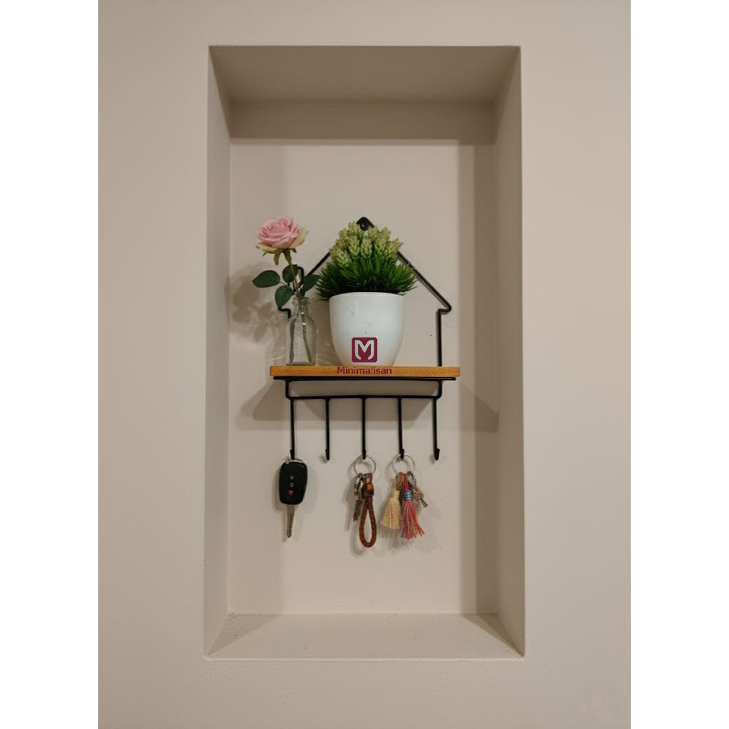 Rak Dinding Gantungan kunci Rak Besi Kayu Aesthetic