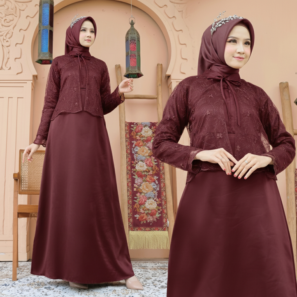 Ready XXL | Gamis Viona Brokat Layer Tille Muslimah Pesta Kondangan Mewah / Maxi Dress Satin Coklat 