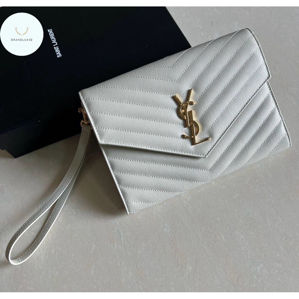 YSL monogram clutch with wristlet Crema Soft/ Blanc White GHW