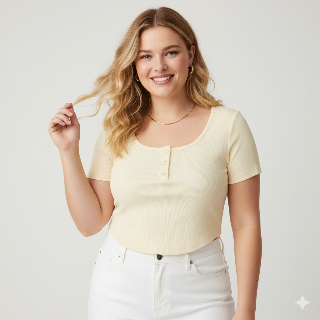 Kaos Crop Top Lengan Pendek Kancing Depan Bahan Rib Knit