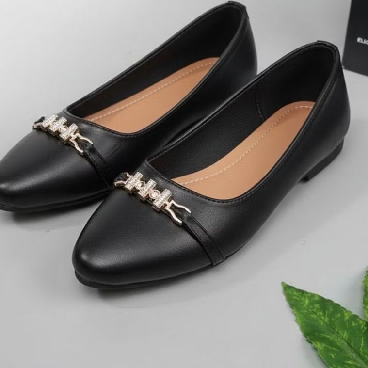 FLATSHOES HITAM KERJA FORMAL GOLD