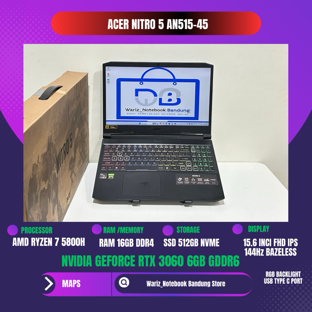 ACER NITRO 5 AN515-45 AMD RYZEN 7 5800H NVIDIA RTX 3060 RAM 16GB SSD 512GB 144Hz FULLSET