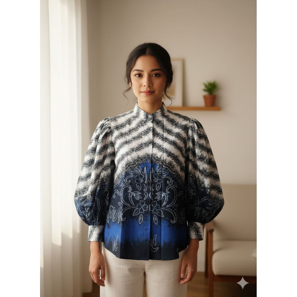 Blous Sasirangan Kombinasi Warna Biru Putih Bahan Katun Satin