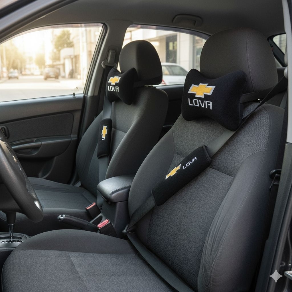 Bantal Mobil Chevrolet LOVA + Cover Seatbelt Bordir Komputer | Bahan Velboa Premium Isi Dakron Tebal