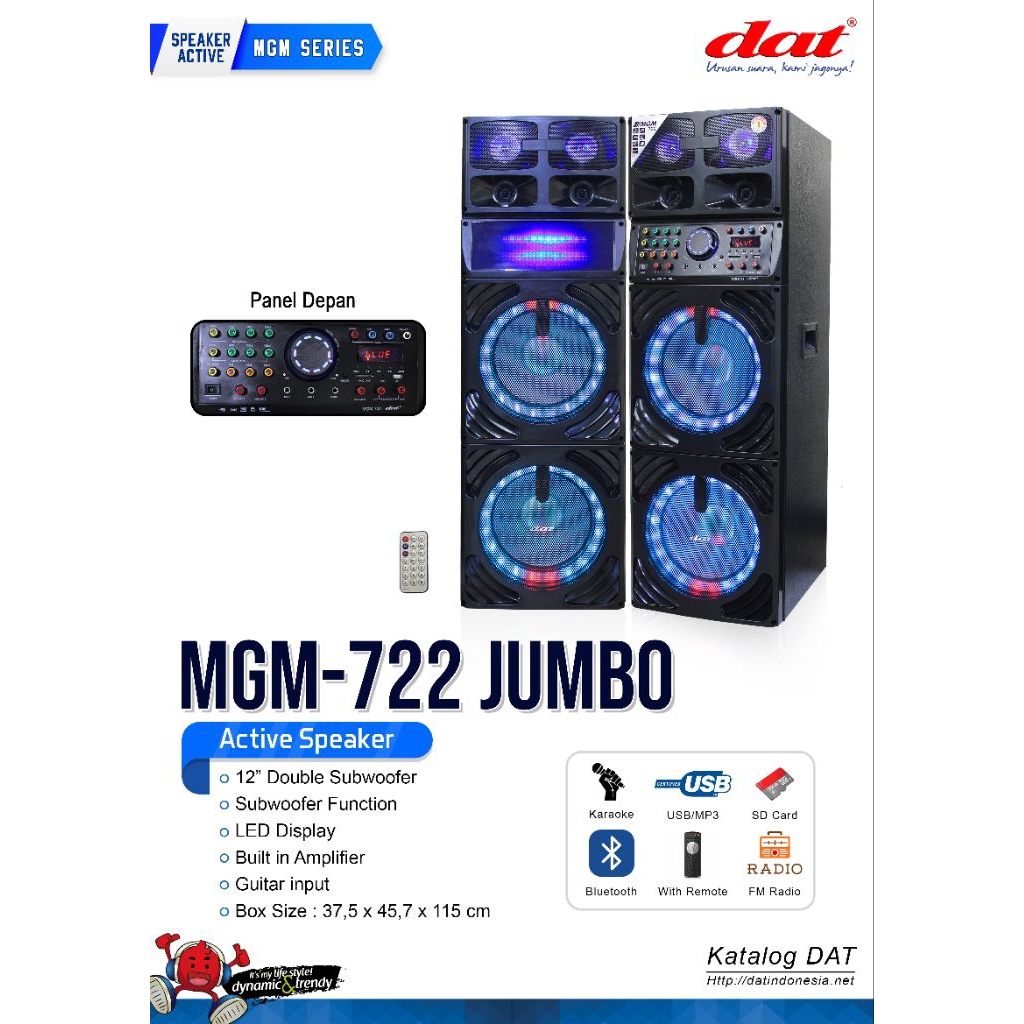DAT MGM-722 JUMBO Speaker Aktif Ganda 12 Inchi dengan Subwoofer Bertenaga, LED Display, Bluetooth, I