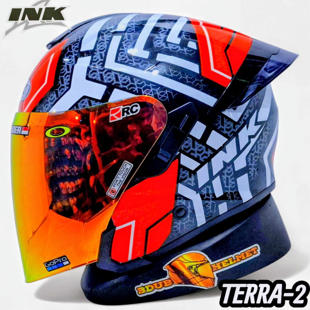 Helm half face ink terra-2 motip series #2 black red paket ganteng spoiler 3D
