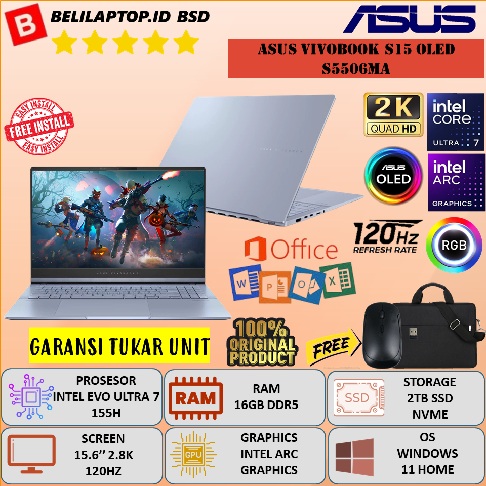 Laptop Asus Vivobook S15 OLED S506MA Intel Evo Ultra 7 155H Ram 16GB DDR5 2TB SSD 15.6'' WUXGA OLED 