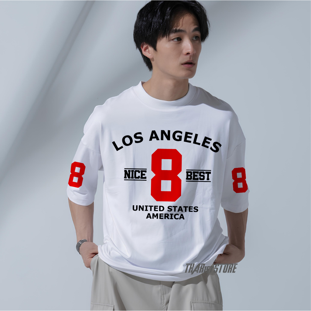 KAOS DEWASA BIGSIZE PRIA WANITA ANGKA 8 LOS ANGELES COTTON COMBED 20S LENGAN PENDEK