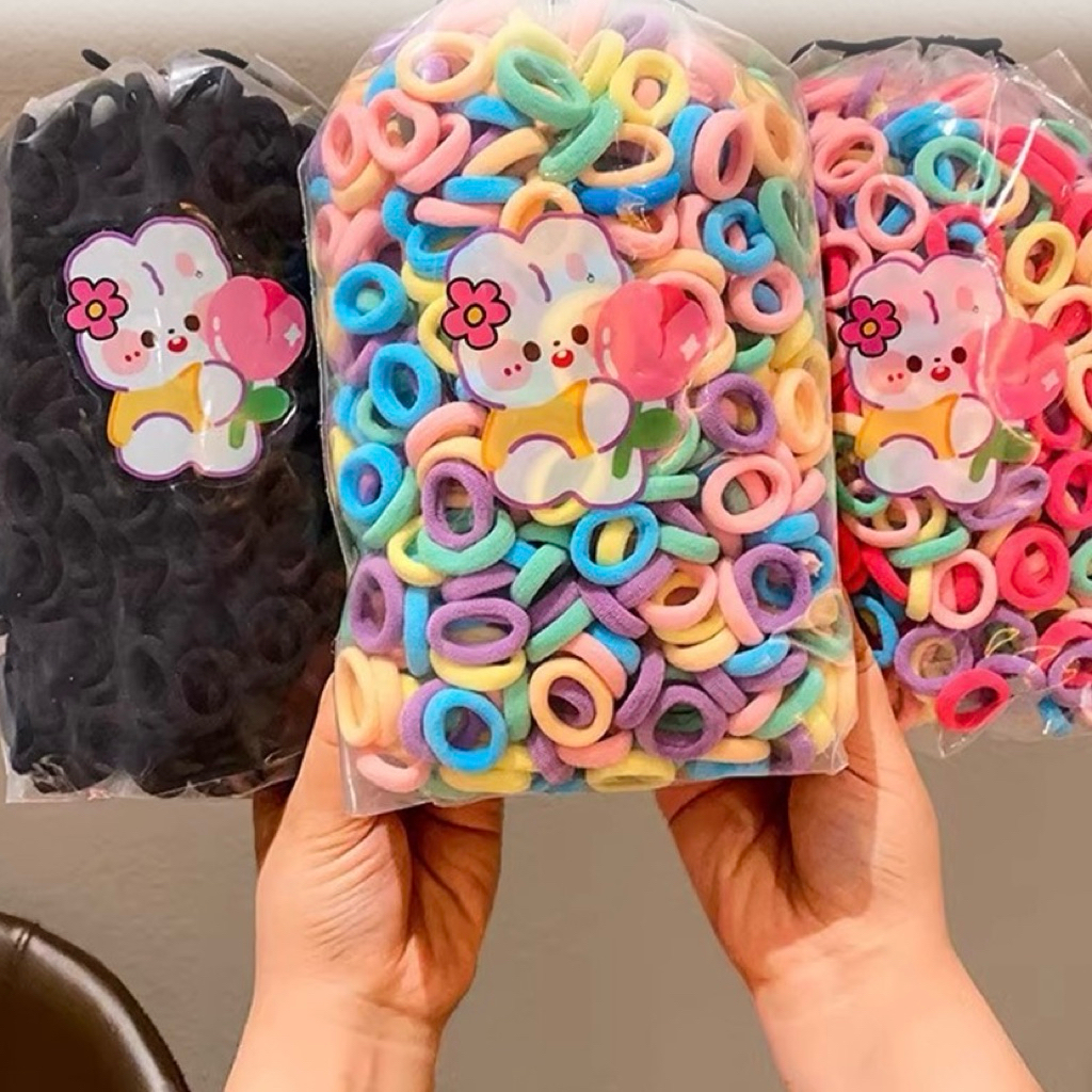 Ikat Rambut Gentong Isi 200 Pcs Kunciran Rambut Anak Tali Rambut Elastis Model Donat Mini Warna Warn