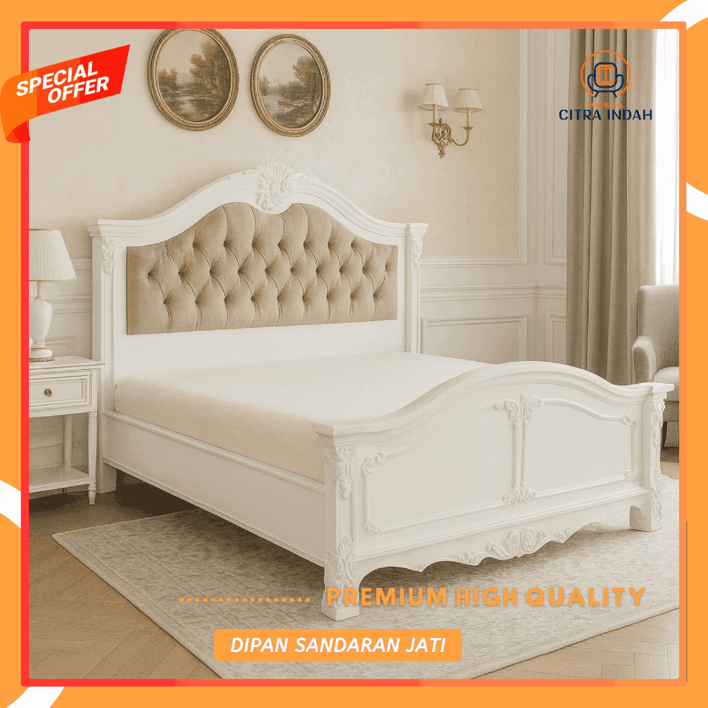 Tempat Tidur Divan Kayu Jati Mewah Finishing Duco Putih Dipan Ranjang Kasur Sandaran Headboard