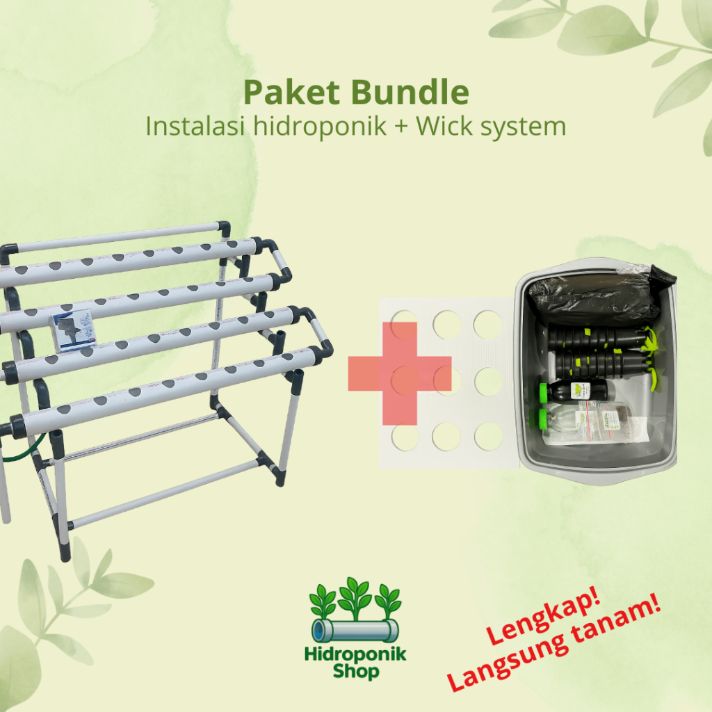 Paket Bundle, Hidroponik NFT/DFT + Wick System, starter kit pemula hidroponik, 40 lubang, paket leng