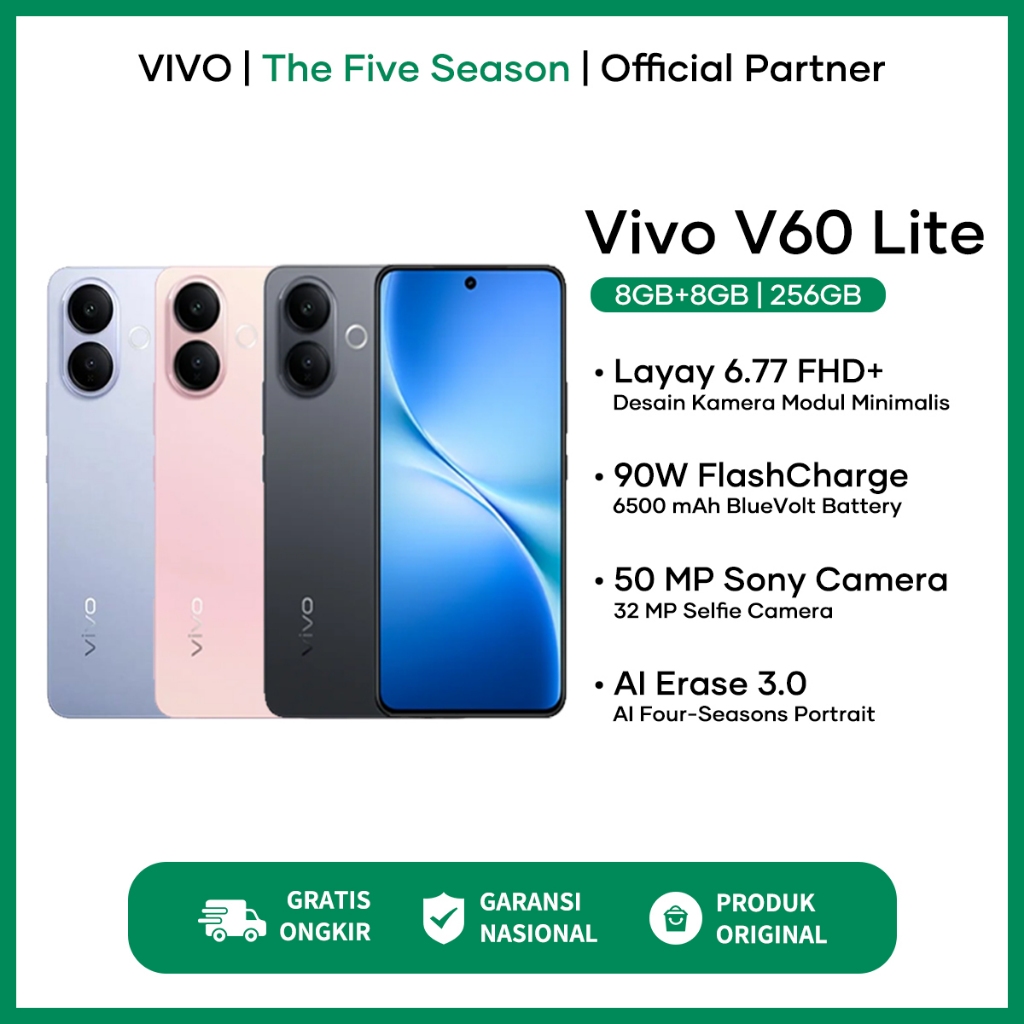 [New] Vivo V60 Lite 8/256GB RAM 8GB+8GB Extended ROM 256GB Vivo Terbaru 2025 Garansi Resmi