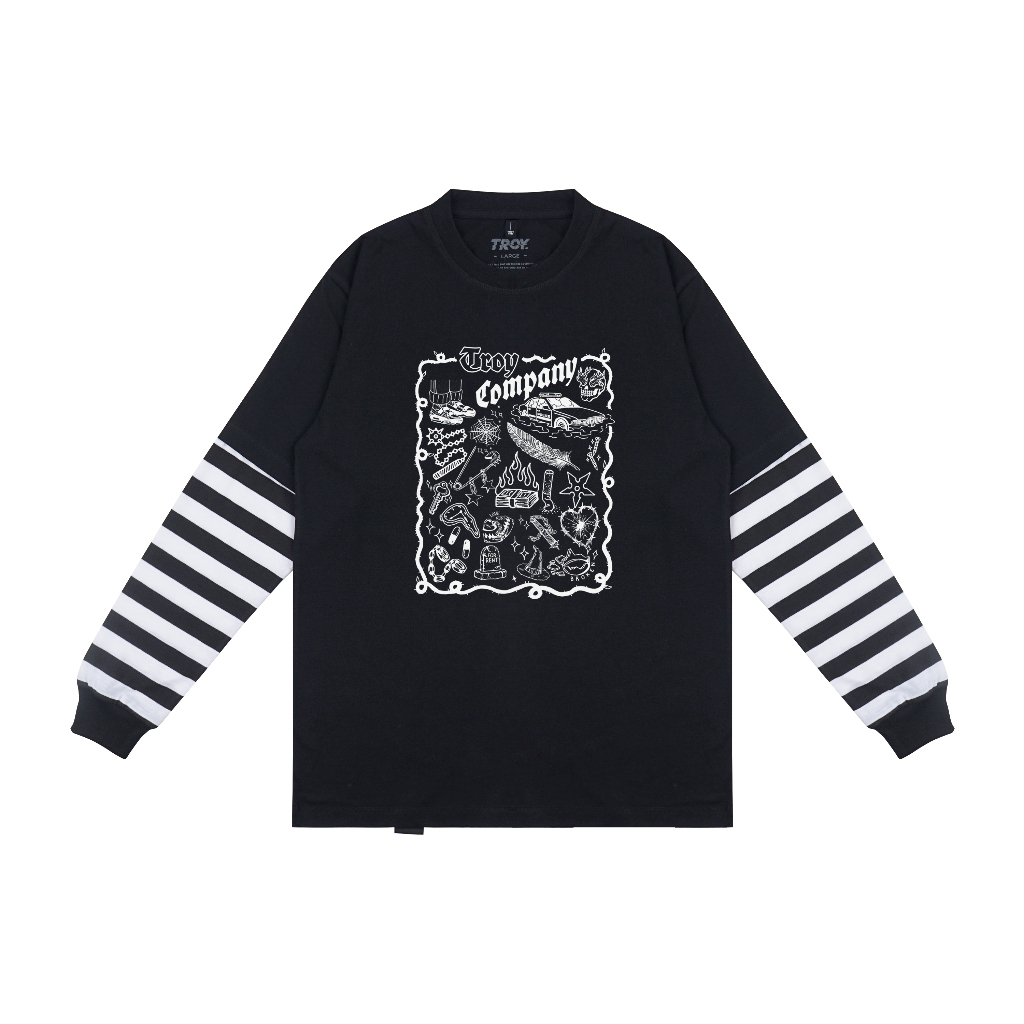 Troy Company Double Sleeve Longsleeve Black Stripe Wreckage - Kaos Lengan Panjang Kaos Hitam Stripe DSD 3333