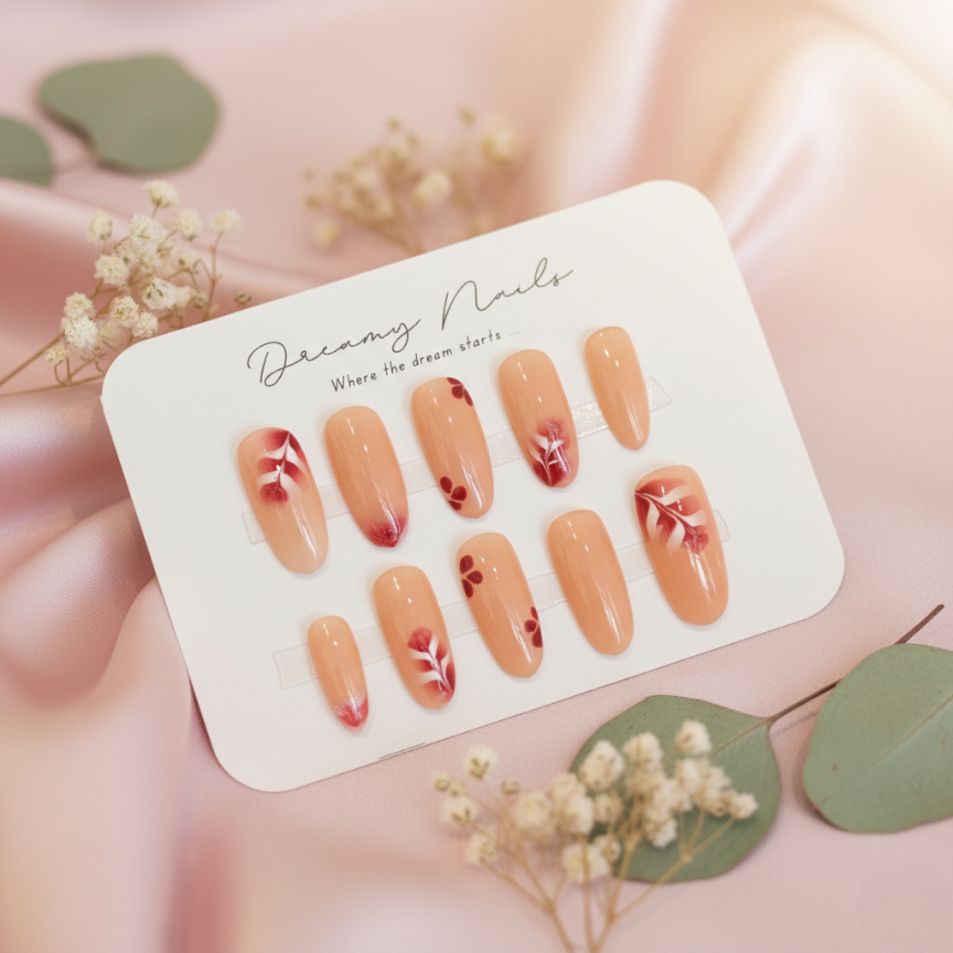 Dreamy Nails Kuku Palsu Acrylic Wedding Premium Motif Bunga Coklat Press On Fake Nail Art Lem Gel Ae