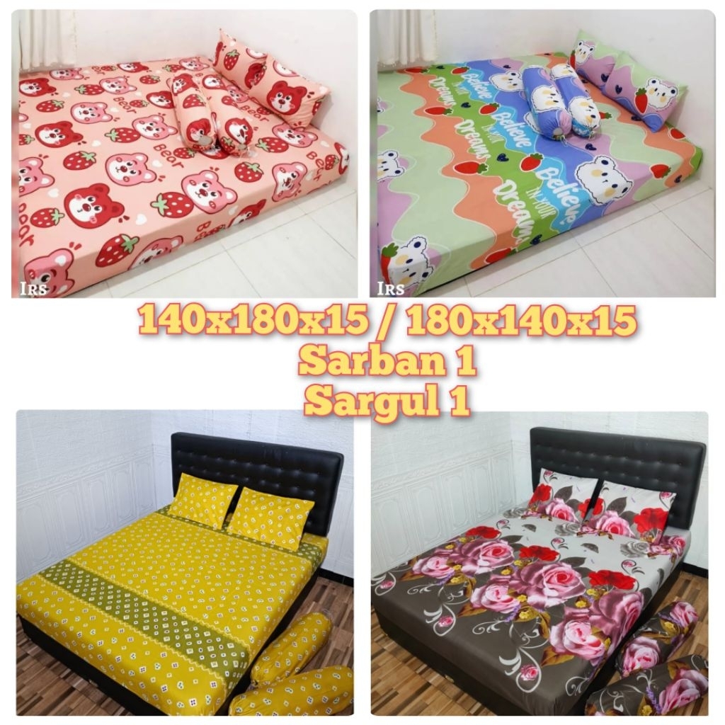 Sprei Ukuran 180x140x15 / 140x180x15 Plus Sarung Bantal Guling