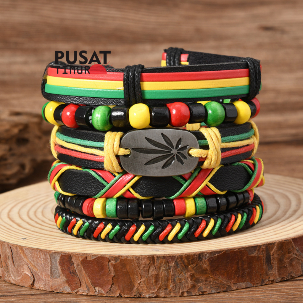 Gelang Set 6 Pcs Rastafarian Bob Marley Gaya Punk Reggae Pria | PUSAT TIMUR GP15