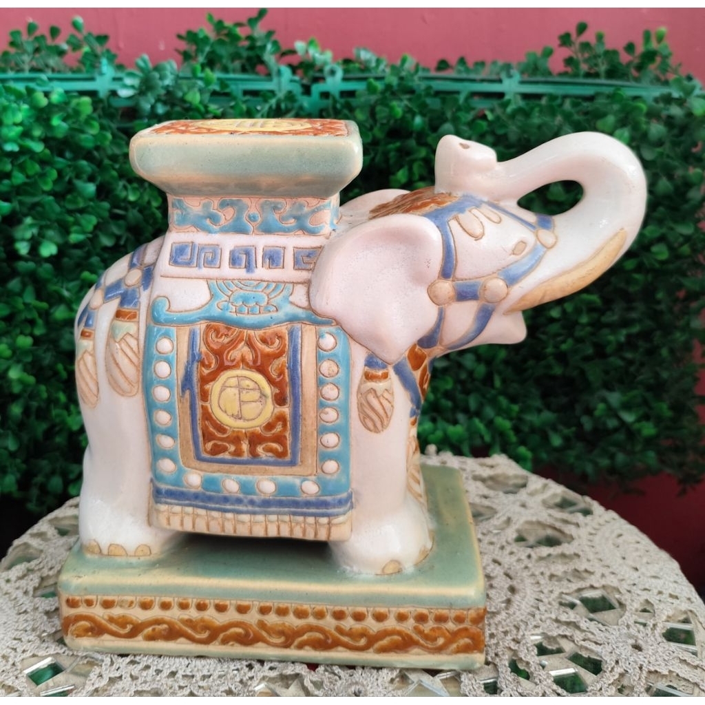 Pajangan Patung Gajah Thailand Fengshui pembawa keberuntungan Keramik Vintage 23cm/20cm