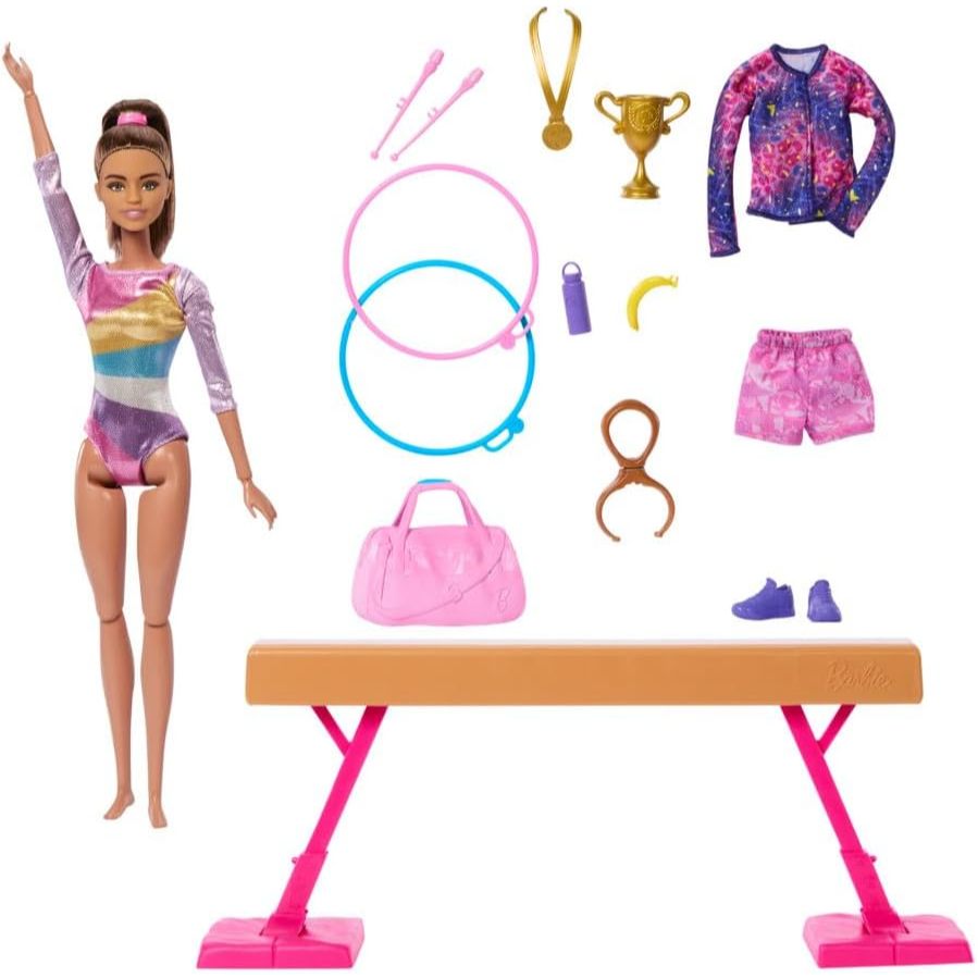 Barbie Gymnastics Doll & Accessories, Playset with Brunette Fashion Doll, C-Clip for Flipping Action