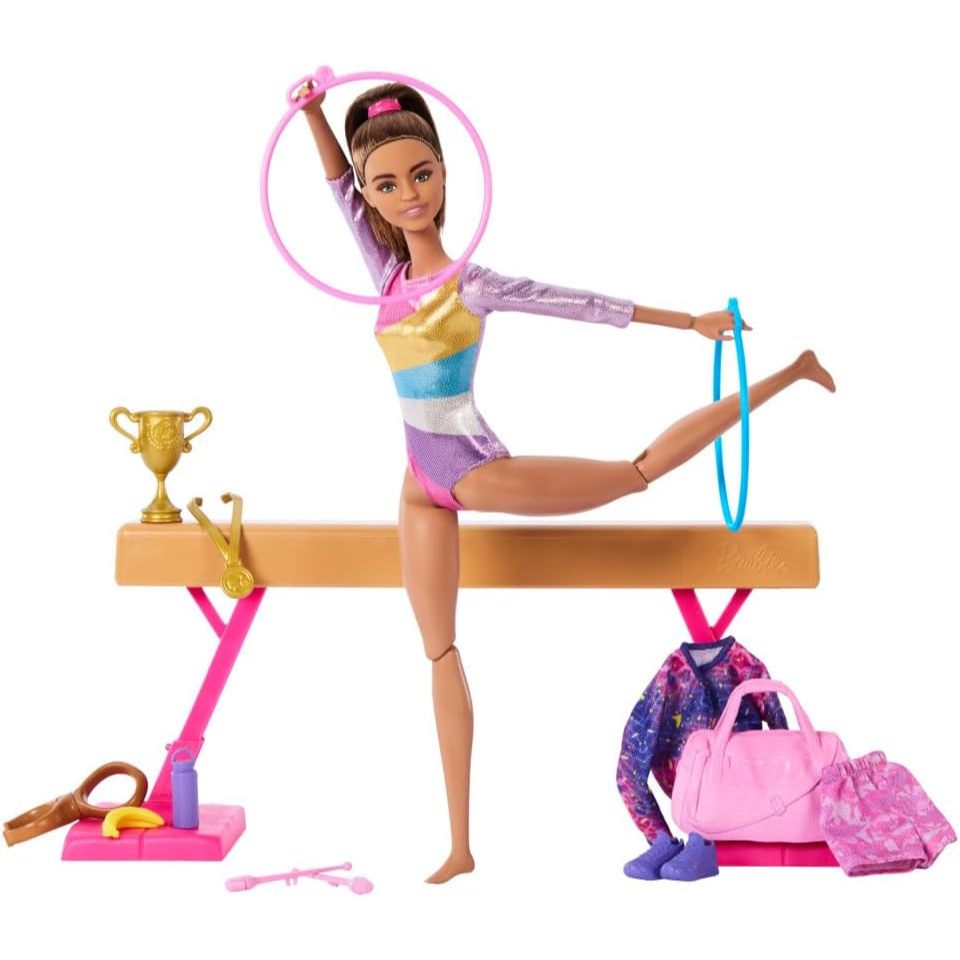 Barbie Gymnastics Doll & Accessories, Playset with Brunette Fashion Doll, C-Clip for Flipping Action