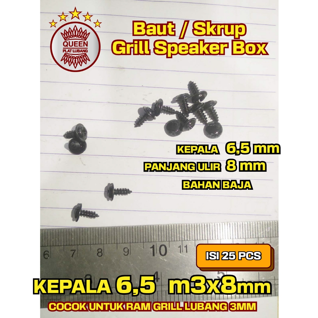 Baut/sekrup grill speaker box miniatur an bahan baja kepala 6mm panjang ulir 8mm.M 3x 8mm(25 biji)