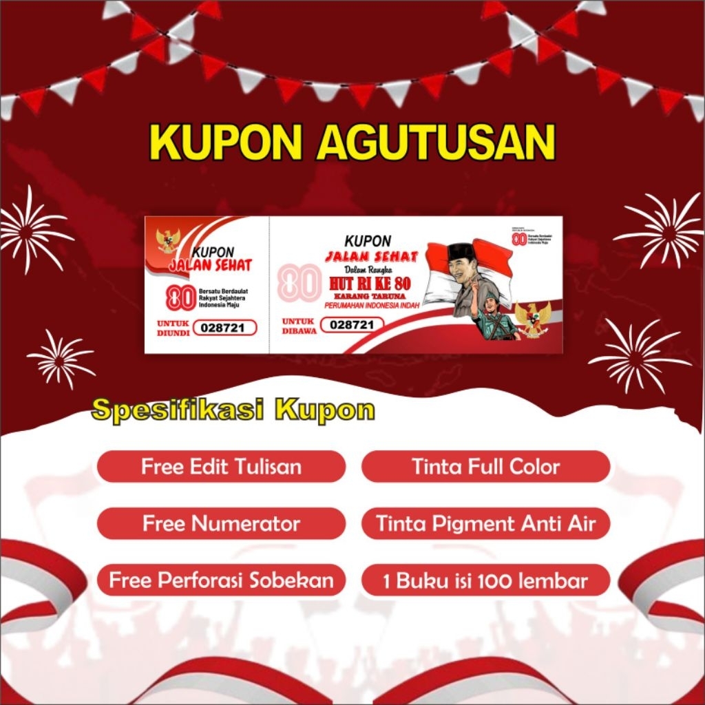 [PROMO] Cetak Kupon Custom Kupon Agustus Kupon Jalan Sehat 17 Agustus isi 100 lembar