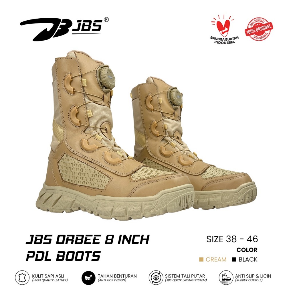 Sepatu Tactical JBS ORBEE 8" Cream YOW Lacing System Sepatu Tactical PDL Tali Putar