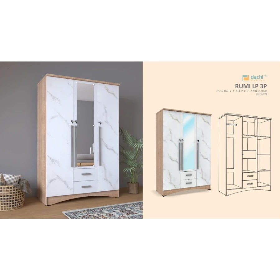 Lemari Pakaian GAMIS 3 Pintu Minimalis Putih Marble Dachi KHUSUS BOGOR Kurir toko