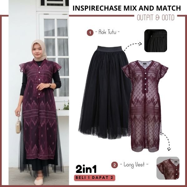 One Set Outer Brukat Sapto Burgundy (Outer Tunik Brukat + Rok Tutu Rok Tutu Panjang Tile 2 Lapis)