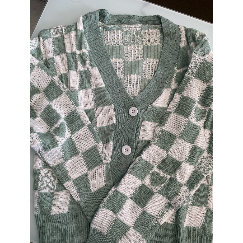 cardigan rajut warna hijau putih