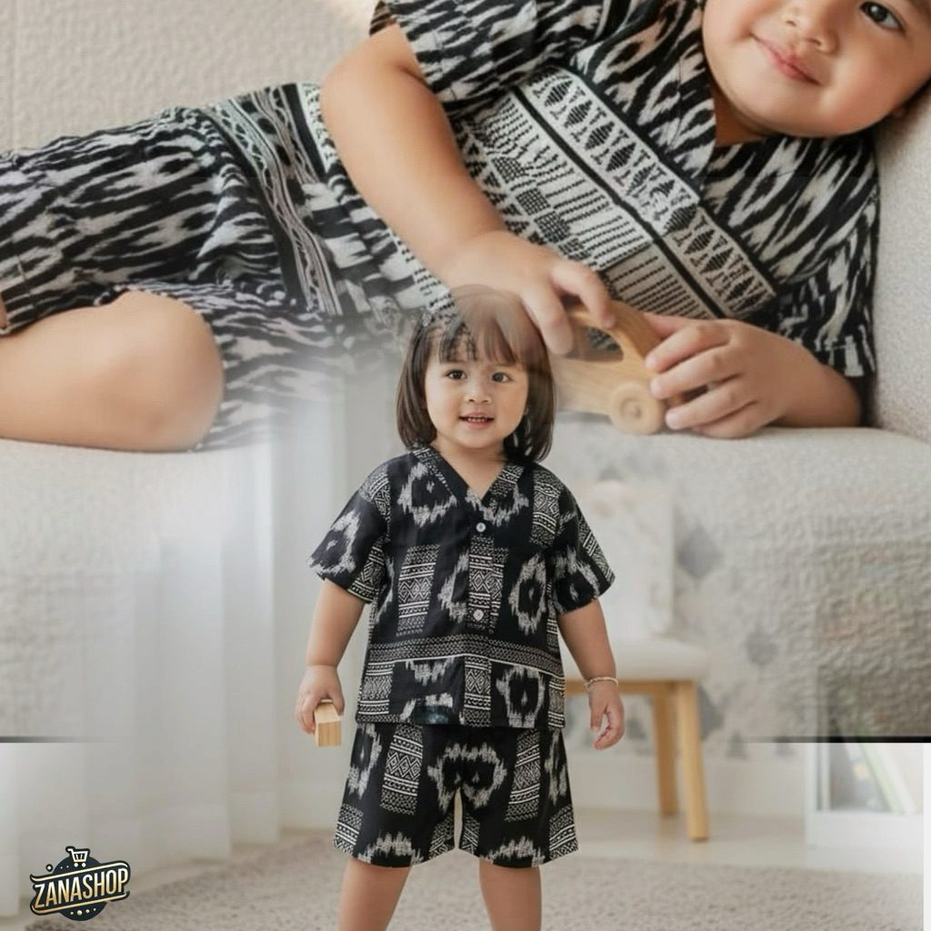 Zanashopid (PIYAMA SETELAN ANAK ETNIK) One Set Batik Adem Rayon Premium Baju Santai Anak Perempuan L