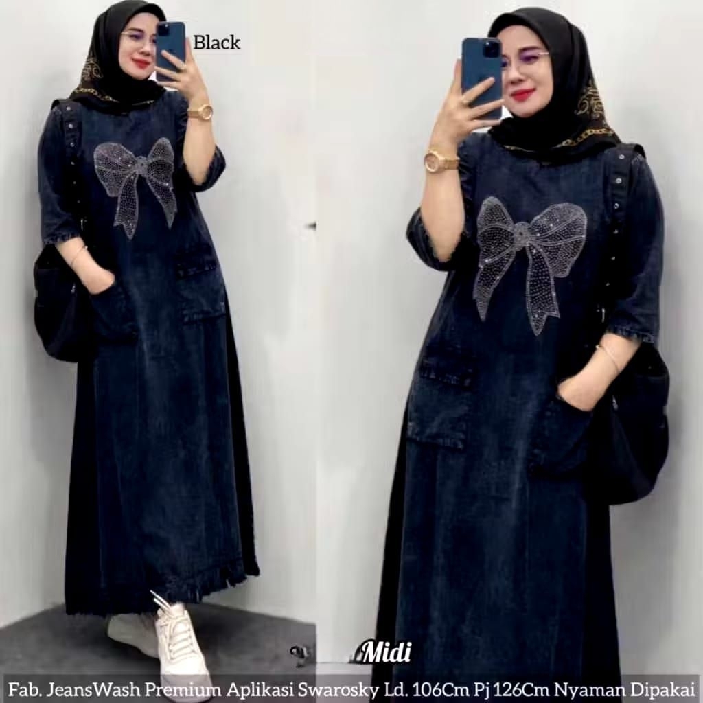 Midi Dress Jeans Wash Kekinian // Dress Midi Wanita Dewasa // Panjang