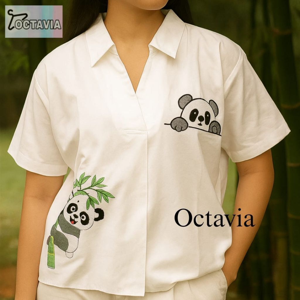Blouse Putih Wanita Bahan Katun Oxford Motif Panda Lucu