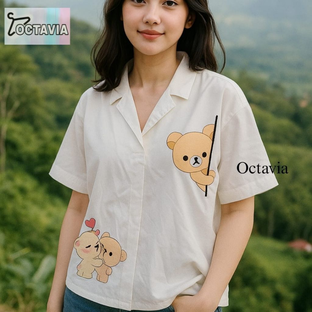 Blouse Putih Wanita Bahan Katun Oxford Bordir Bear Lucu