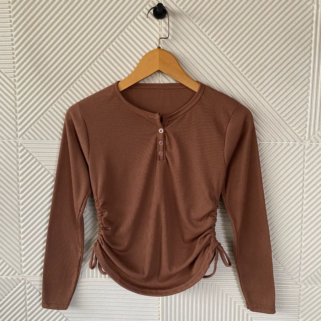 Shabhira - Atasan Wanita Serut Samping Wanita / Kaos Knit Kancing Shela Lengan Panjang / Crop Top