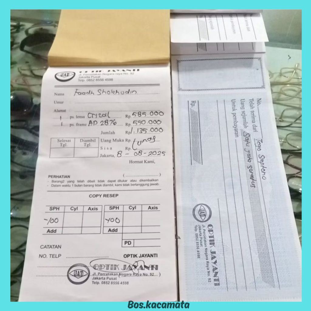 Nota optik | Bon kacamata| kwitansi pembelian kacamata