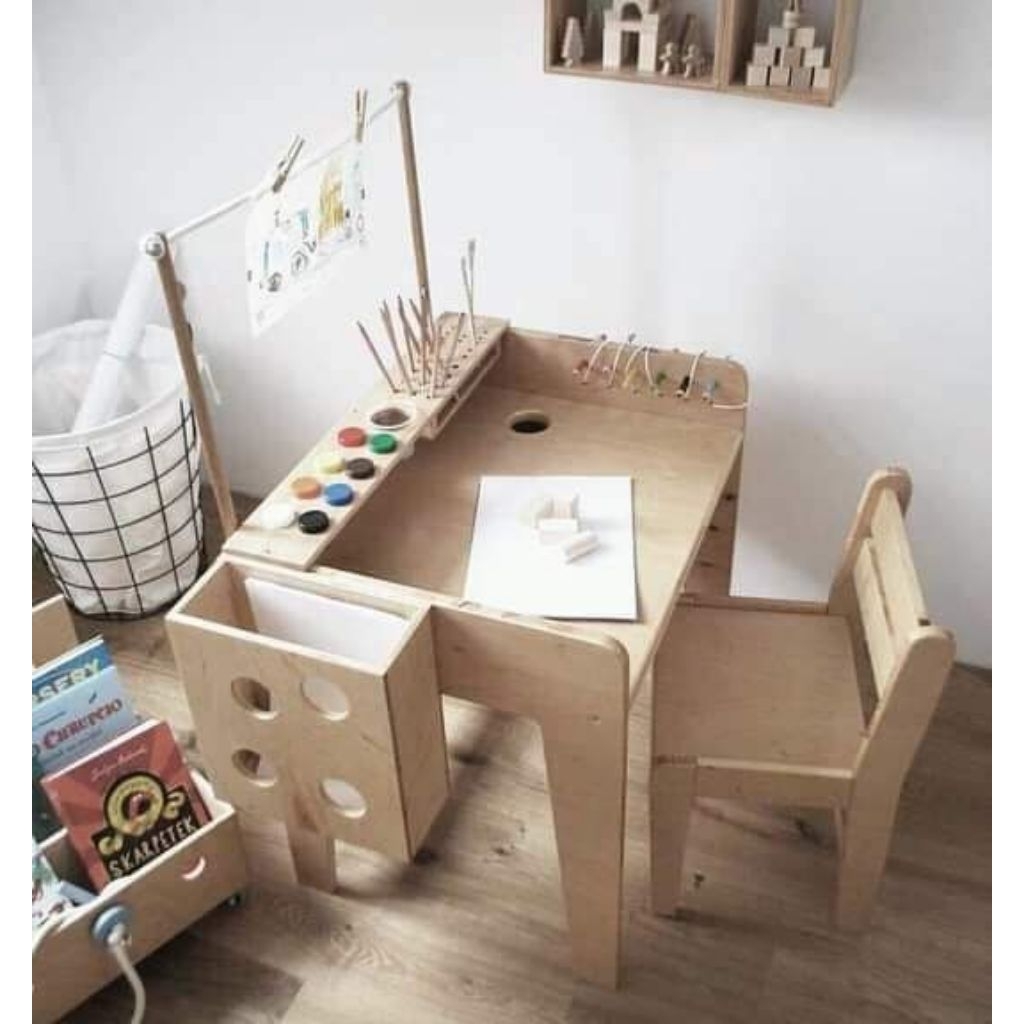 Meja Belajar Anak Kayu Jati Multifungsi + Kursi - Meja Kreasi Gambar & Warna