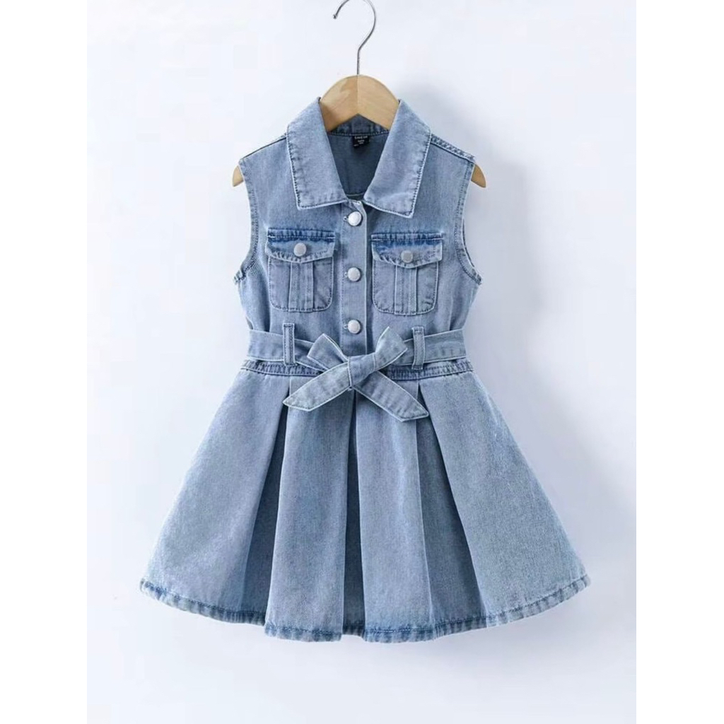 Clara Dress - Twisty Ruffle  Dress Belt Jeans Anak Perempuan Usia 1-7 Tahun Setelan Denim One Piece 