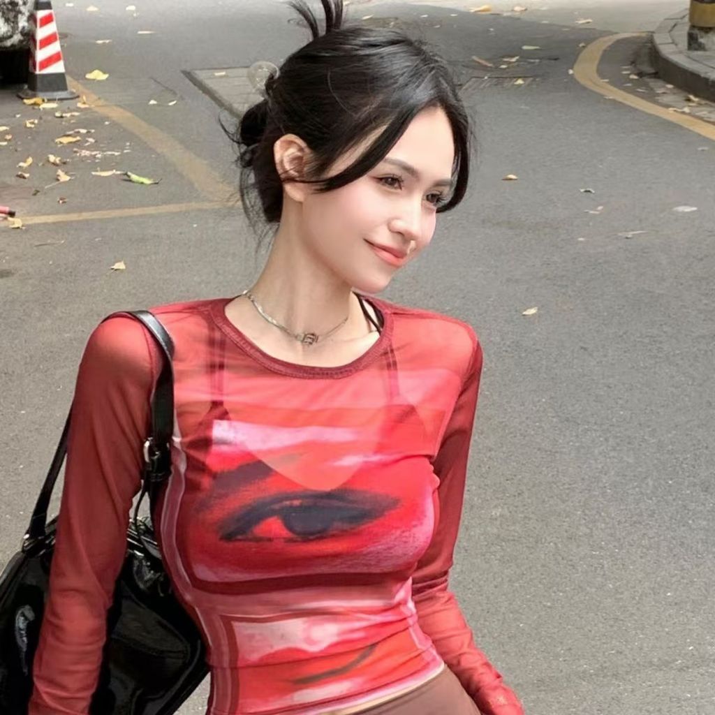 EVRR Printed Tie Dye Crop Top Tulle Crew Neck Lengan Panjang