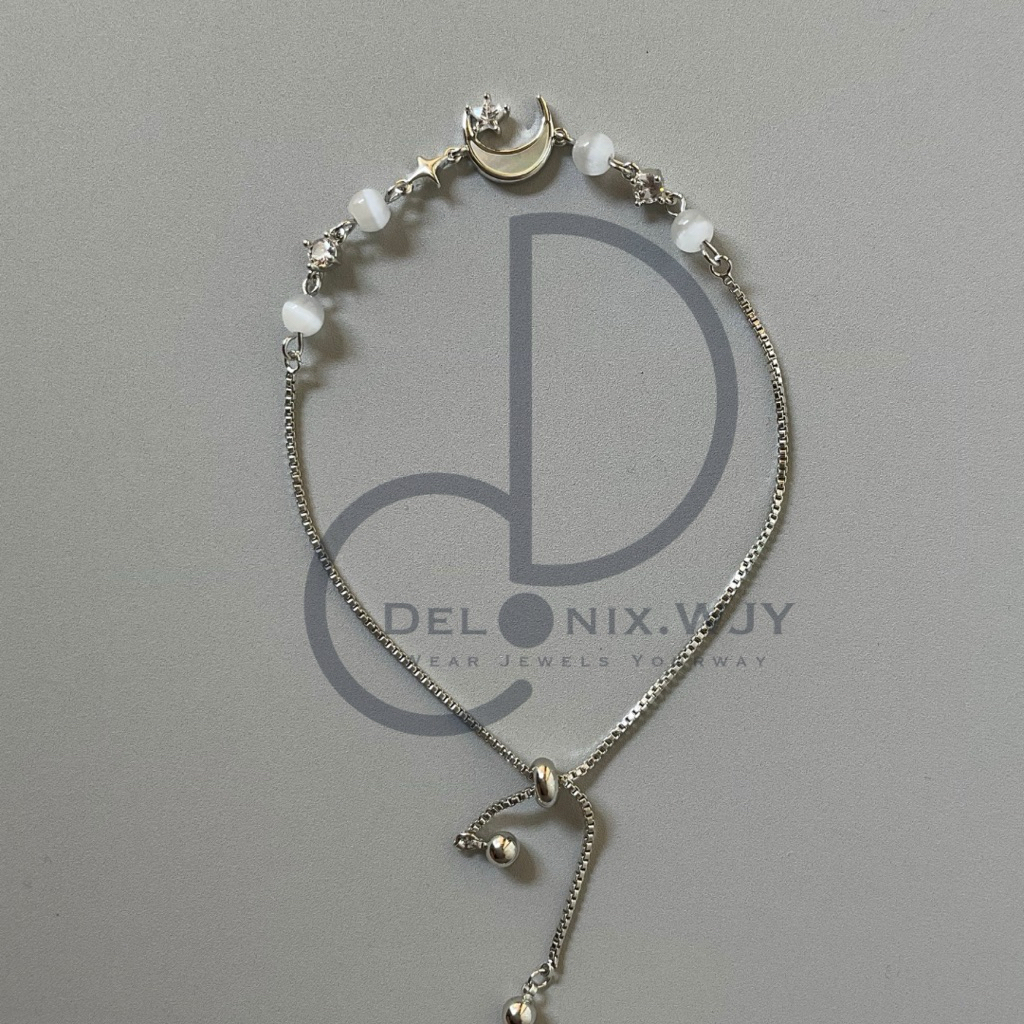 Gelang Perak Silver Serut Wanita Mewah Cantik Bulan Bintang Permata Bulat