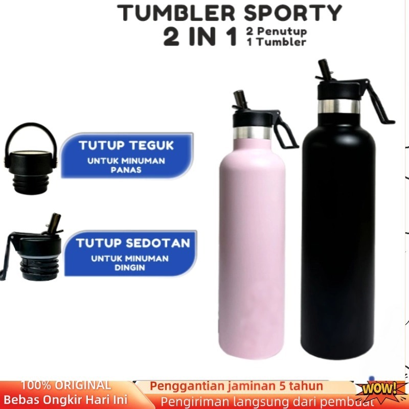 (COD) 1Tumbler2 Penutup-Botol Minum 1 Liter Tumbler Stainless Vacuum Termos Tahan Panas Dingin 24 Ja